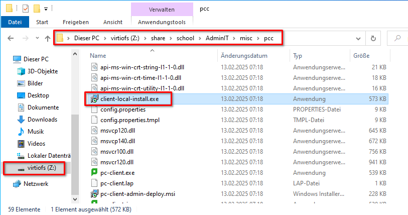 Windows-Explorer mit dem Speicherort der PaperCutClient Installationsdaten